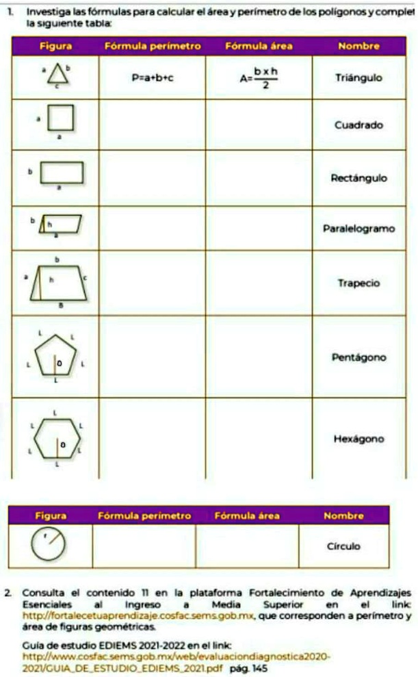 SOLVED: Investiga las fórmulas para calcular el área y el perímetro de ...