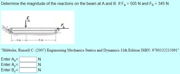 Determine the magnitude of the reactions on the beam at A and B. If Fa = 505 N and Fb = 345 N.
Enter Ax=
Enter Ay=
Enter By=