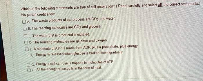 Which of the following statements are true of cell respiration? (Read carefully and select all the correct statements.)
No partial credit allow
A. The waste products of the process are CO2 and water.
B. The reacting molecules are CO2 and glucose.
C. The water that is produced is exhaled.
D. The reacting molecules are glucose and oxygen.
E. A molecule of ATP is made from ADP, plus a phosphate, plus energy.
F. Energy is released when glucose is broken down gradually
G. Energy a cell can use is trapped in molecules of ATP.
H. All the energy released is in the form of heat.