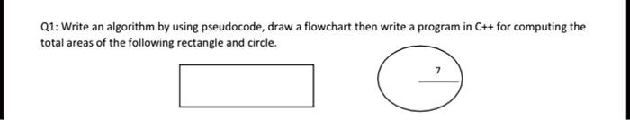 Q1: Write an algorithm by using pseudocode, draw a flowchart then write a program in C++ for computing the total areas of the following rectangle and circle.
7