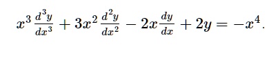 x^3 (d^3y)/(dx^3) + 3x^2 (d^2y)/(dx^2) - 2x (dy)/(dx) + 2y = -x^4.