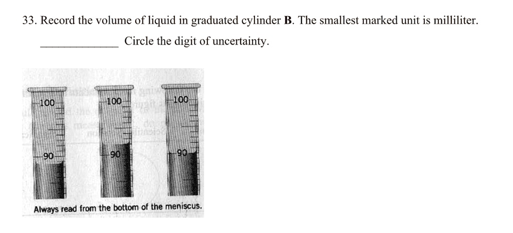 SOLVED: 33_ Record the volume of liquid in graduated cylinder B. The ...