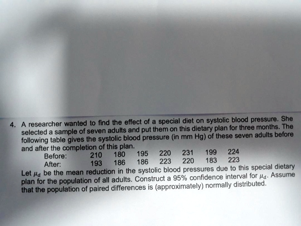 A researcher wanted to find the effect of a special diet on systolic blood pressure. She selected a sample of seven adults and put them on this dietary plan for three months. The following table gives the systolic blood pressure (in mm Hg) of these seven adults before and after the completion of this plan.
Before: 210 180 195 220 231 199 224
After: 193 186 186 223 220 183 223
Let ?? be the mean reduction in the systolic blood pressures due to this special dietary plan for the population of all adults. Construct a 95% confidence interval for ??. Assume that the population of paired differences is (approximately) normally distributed.