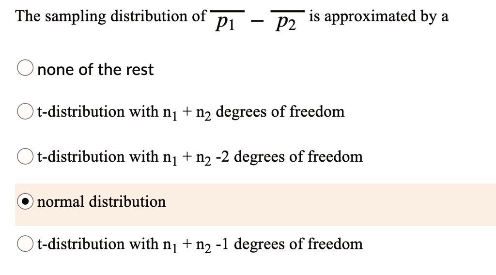 The sampling distribution of p1 p2 is approximated by a none...