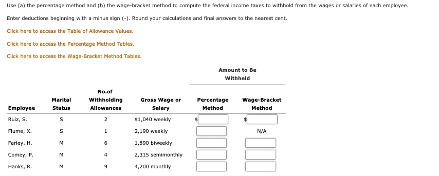 Use (a) The Percentage Method And (b) The Wage-bracket Method To ...