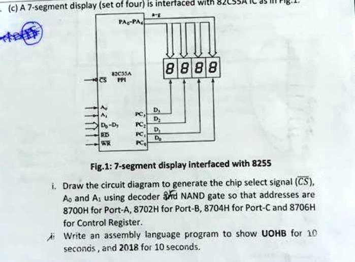 (c) A 7-segment display (set of four) is interfaced with 82C55A IC as ...