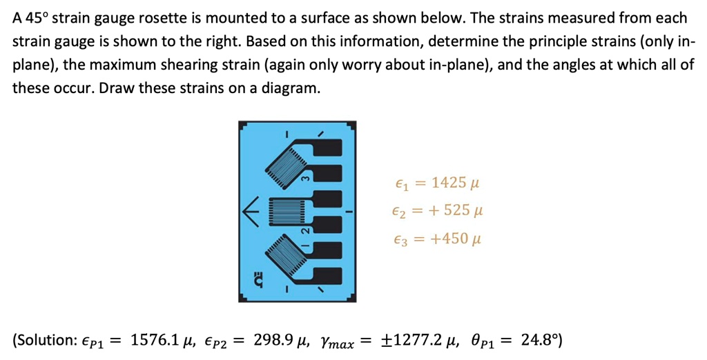 A 45° strain gauge rosette is mounted to a surface as shown below. The ...