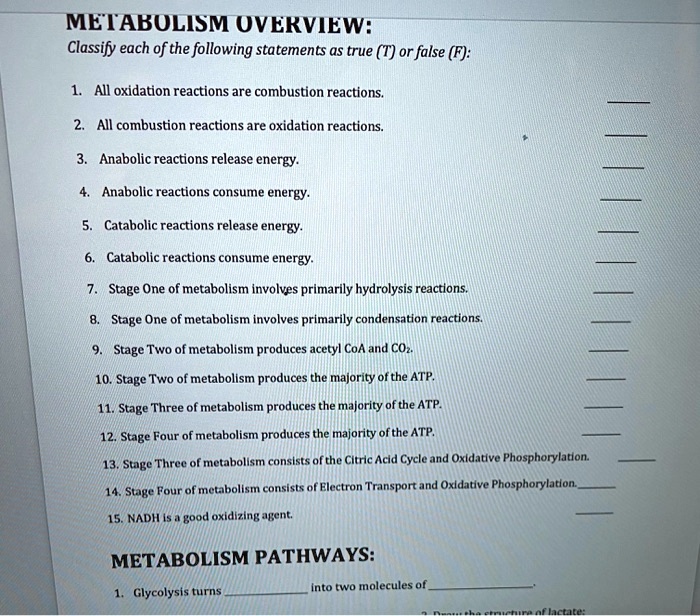 Which Of The Following Is True Of Anabolic Reactions SOLVED: METABULISM UVEKVIEW: Classify each of the following statements