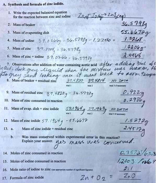 SOLVED Synthesis and formula of zinc iodide Write the expected