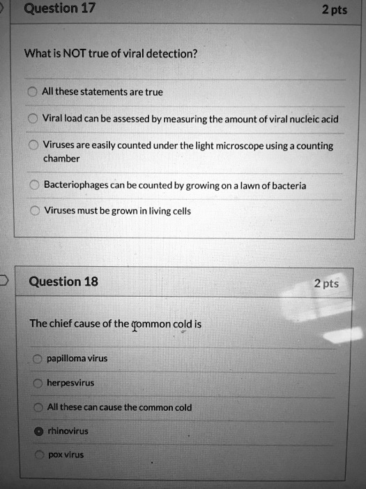 Question 17
What is NOT true of viral detection?
All these statements are true
Viral load can be assessed by measuring the amount of viral nucleic acid
Viruses are easily counted under the light microscope using a counting chamber
Bacteriophages can be counted by growing on a lawn of bacteria
Viruses must be grown in living cells

Question 18
The chief cause of the common cold is
papilloma virus
herpesvirus
All these can cause the common cold
rhinovirus
pox virus
