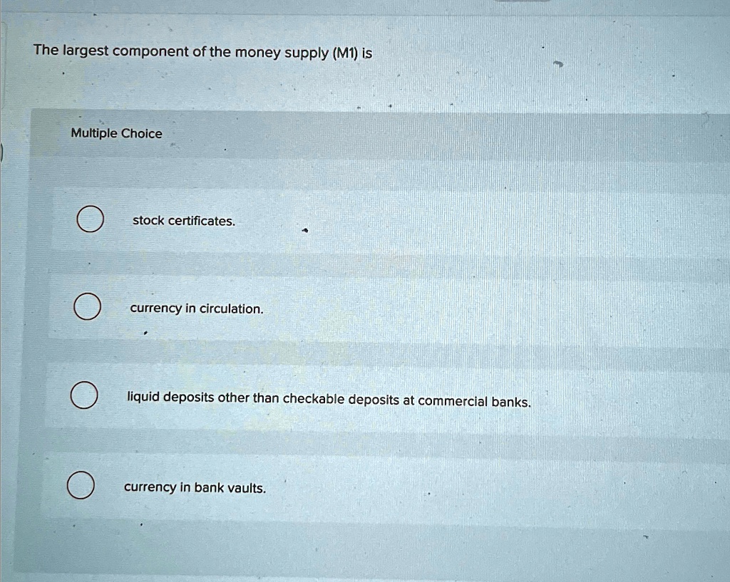 The largest component of the money supply (M1) is Multiple Choice stock
