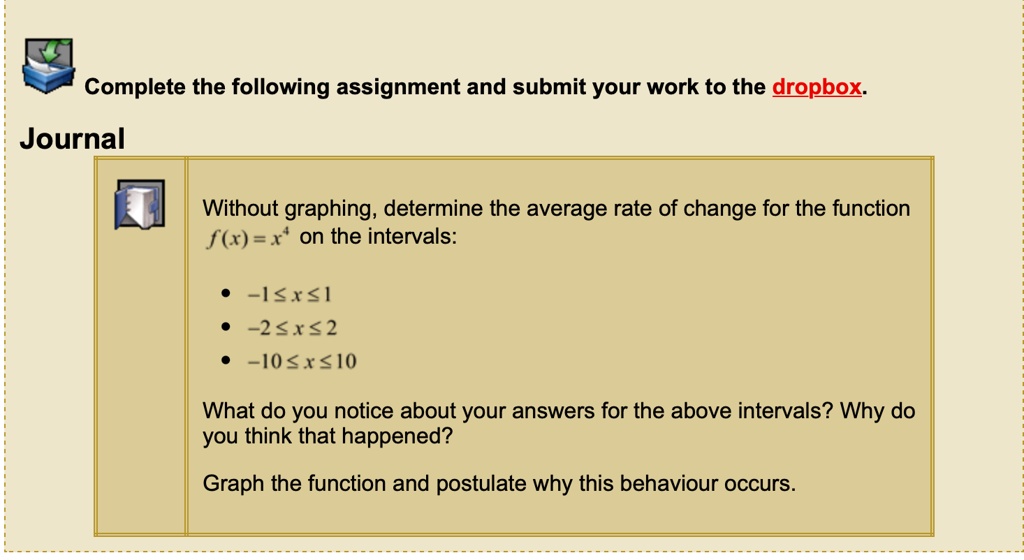 complete the following assignment and submit your work to the dropbox journal without graphing determine the average rate of change for the function fx on the intervals srsi 3x2 10r10 what  70324