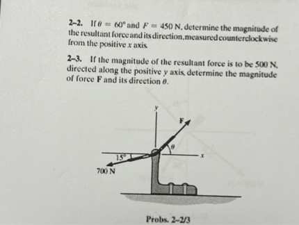 2-2. If 	heta = 60^circ and F = 450 N, determine the magnitude of the resultant force and its direction, measured counterclockwise from the positive x axis.
2-3. If the magnitude of the resultant force is to be 500 N, directed along the positive y axis, determine the magnitude of force F and its direction 	heta.