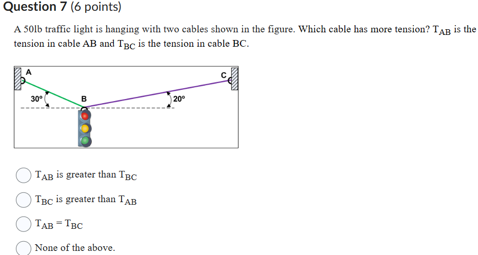 A 50lb traffic light is hanging with two cables shown in the figure. Which cable has more tension? TAB is the tension in cable AB and TBC is the tension in cable BC.

TAB is greater than TBC
TBC is greater than TAB
TAB = TBC
None of the above.