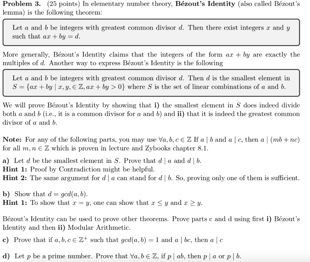 SOLVED Problem 3 (25 points) In elementary number theory; Bezout's Identity (also called