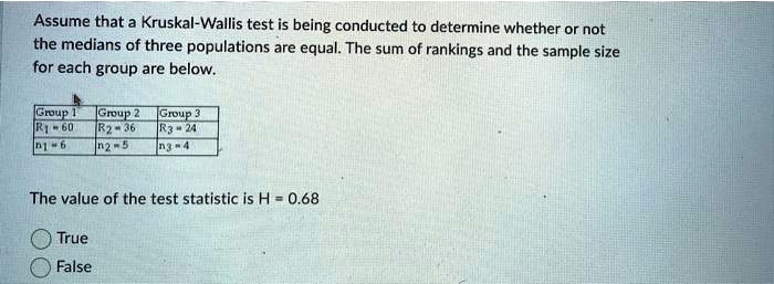 Solved Assume That Kruskal Wallis Test Is Being Conducted To Determine Whether Or Not The Medians Of Three Populations Are Equal The Sum Of Rankings And The Sample Size For Each Group Are Below