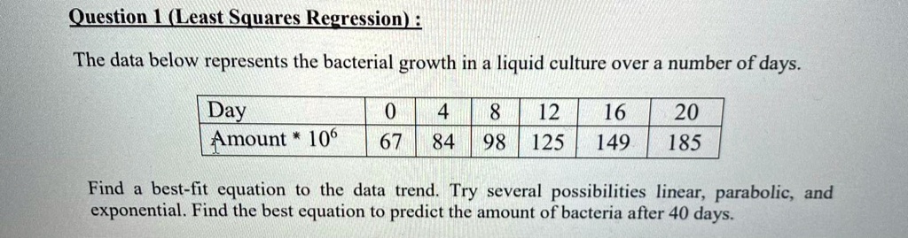 Question 1 (Least Squares Regression) :
The data below represents the bacterial growth in a liquid culture over a number of days.
Day | 0 | 4 | 8 | 12 | 16 | 20
Amount * 10^6 | 67 | 84 | 98 | 125 | 149 | 185
Find a best-fit equation to the data trend. Try several possibilities linear, parabolic, and exponential. Find the best equation to predict the amount of bacteria after 40 days.