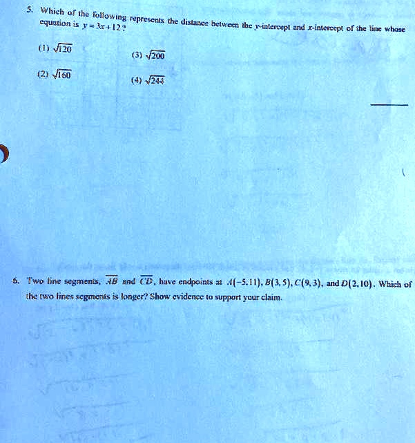 which uf the folion ing cquation farog moprescals the dislanee belwerz lhe inicrcepl end finlercep cf the ling whasc vzuu 2 mo v24 twv line segmanes 4b ad cd have cndroints 31ib35931 and d21 44157