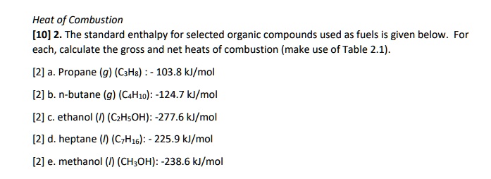 SOLVED: Heat of Combustion [10] 2. The standard enthalpy for selected ...