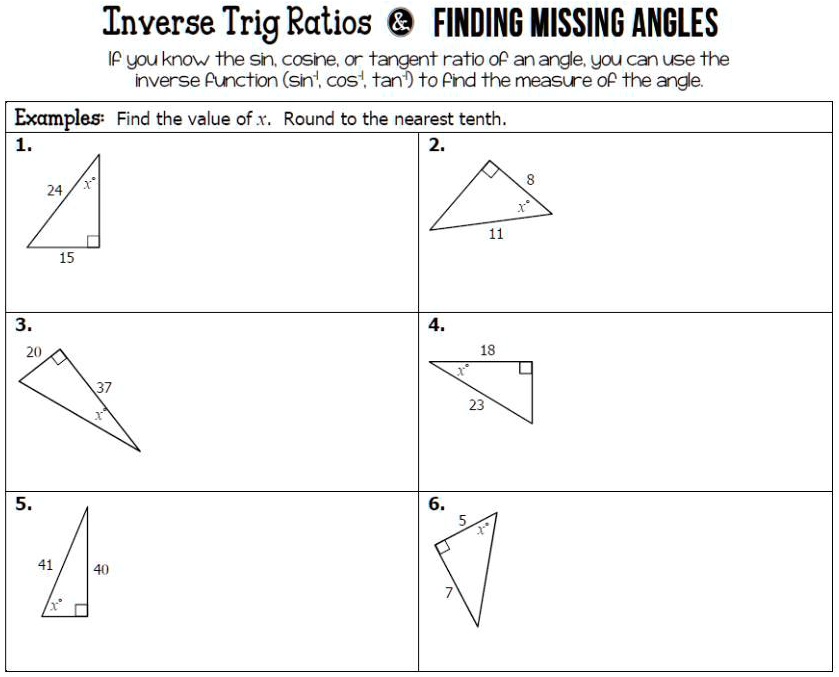 Inverse Trig Ratios And Finding Missing Angles Worksheet Answer Key