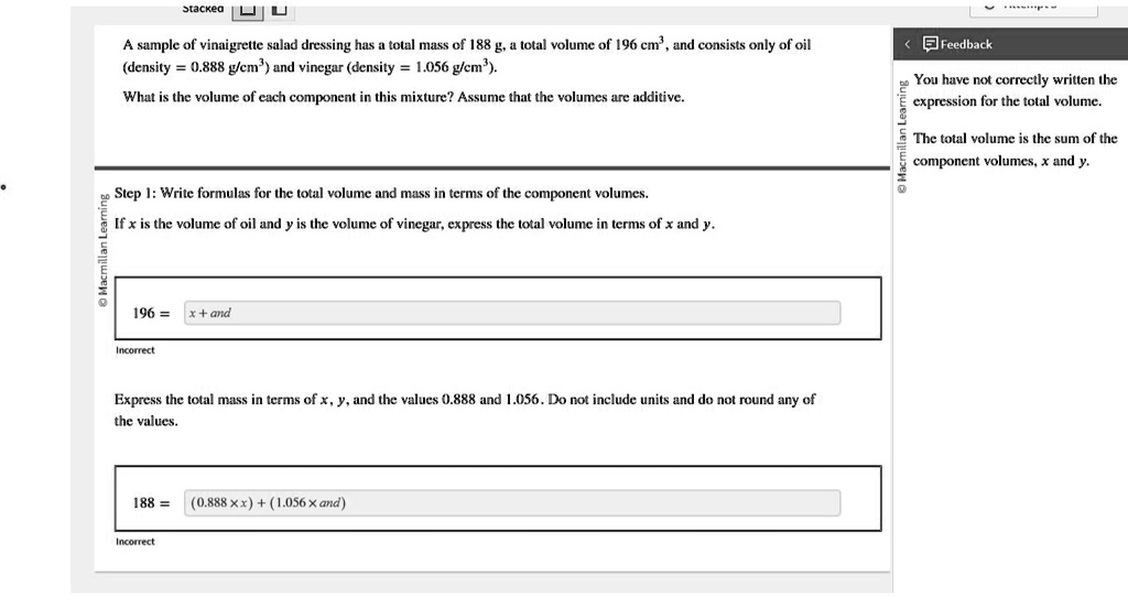 SOLVED A sample of vinaigrette salad dressing has a total mass of 188g
