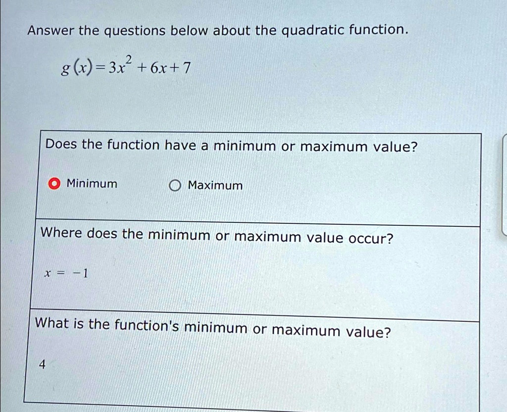 Answer the questions below about the quadratic function.
g(x)=3x2+6x+7
Does the function have a minimum or maximum value?
•Minimum
Maximum
Where does the minimum or maximum value occur?
x = -1
What is the function's minimum or maximum value?
4