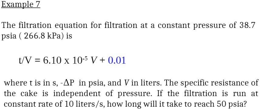 Example 7 The filtration equation for filtration at a constant pressure ...