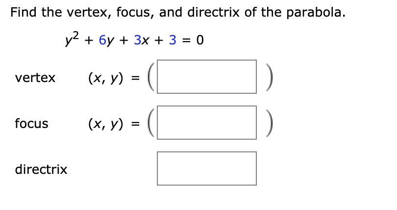 Solved Find The Vertex Focus And Directrix Of The Parabola Y2 6y 3x 3 0 Vertex X Y Focus X Y Directrix