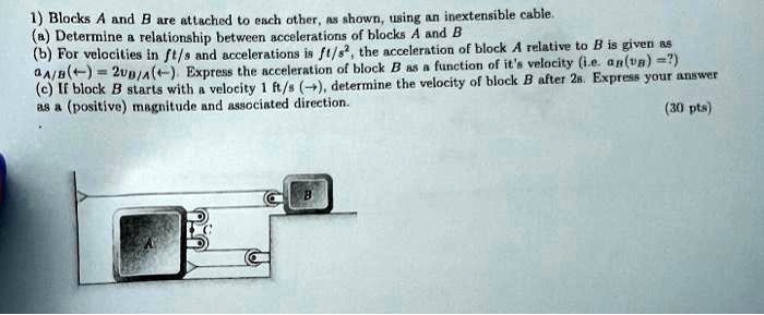 1) Blocks A and B are attached to each other, as shown, using an inextensible cable.
(a) Determine a relationship between accelerations of blocks A and B
(b) For velocities in ft/s and accelerations is ft/s², the acceleration of block A relative to B is given as
aA/B(←) = 2vB/(←). Express the acceleration of block B as a function of it's velocity (i.e. aB(vB) = ?) 
(c) If block B starts with a velocity 1 ft/s (→), determine the velocity of block B after 2s. Express your answer
as a (positive) magnitude and associated direction.
(30 pts)