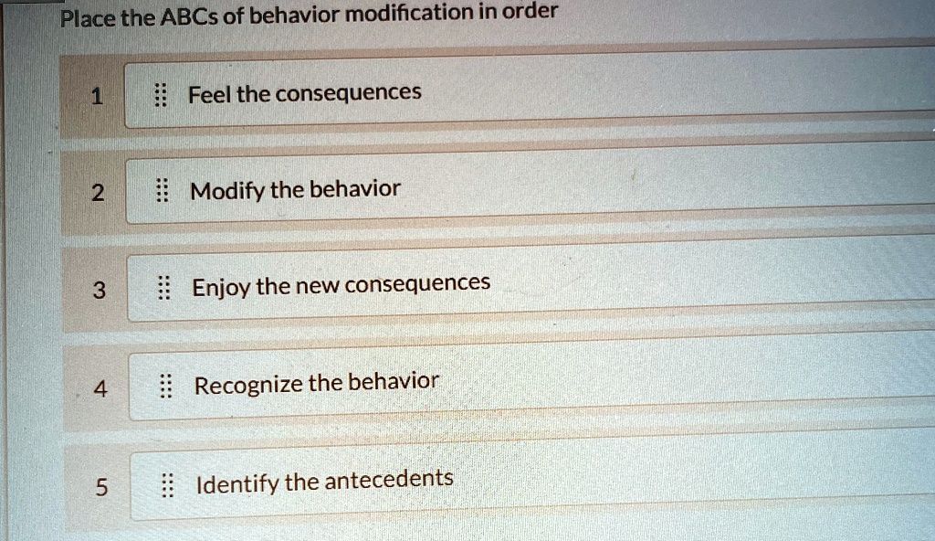 [GET ANSWER] place the abcs of behavior modification in order 1 feel ...