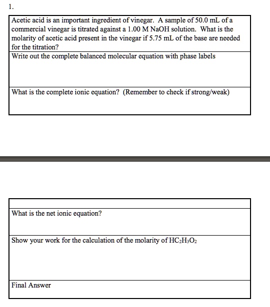 SOLVED Acetic acid is an important ingredient of vinegar. A sample of