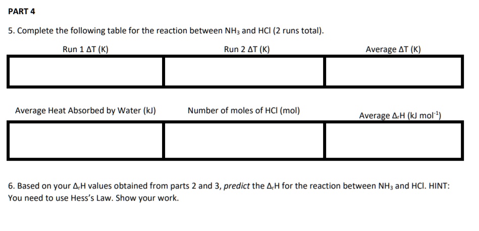 SOLVED: PART 4 5. Complete the following table for the reaction between ...