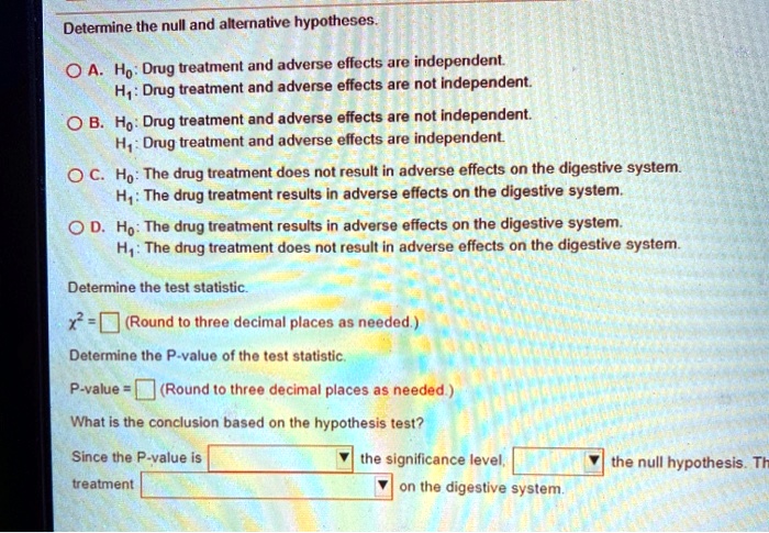 Determine the null and alternative hypotheses.
A. H0: Drug treatment and adverse effects are independent.
H1: Drug treatment and adverse effects are not independent.
B. H0: Drug treatment and adverse effects are not independent.
H1: Drug treatment and adverse effects are independent.
C. H0: The drug treatment does not result in adverse effects on the digestive system.
H1: The drug treatment results in adverse effects on the digestive system.
D. H0: The drug treatment results in adverse effects on the digestive system.
H1: The drug treatment does not result in adverse effects on the digestive system.
Determine the test statistic.
?² =  (Round to three decimal places as needed.)
Determine the P-value of the test statistic.
P-value =  (Round to three decimal places as needed.)
What is the conclusion based on the hypothesis test?
Since the P-value is  the significance level,  the null hypothesis. The treatment  on the digestive system.