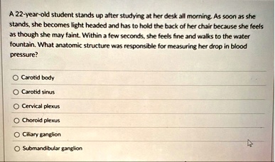 a 22 year old student stands up after studying at her desk all morning as soon as she stands she becomes light headed and has to hold the back of her chair because she feels as though she ma 08804