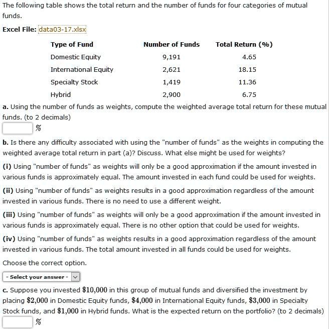 SOLVED: The Following Table Shows The Total Return And The Number Of ...