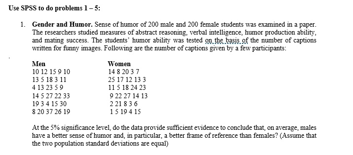 Use SPSS to do problems 1 – 5:

1. Gender and Humor. Sense of humor of 200 male and 200 female students was examined in a paper. The researchers studied measures of abstract reasoning, verbal intelligence, humor production ability, and mating success. The students’ humor ability was tested on the basis of the number of captions written for funny images. Following are the number of captions given by a few participants:

Men
10 12 15 9 10
13 5 18 3 11
4 13 23 5 9
14 5 27 22 33
19 3 4 15 30
8 20 37 26 19

Women
14 8 20 3 7
25 17 12 13 3
11 5 18 24 23
9 22 27 14 13
2 21 8 3 6
1 5 19 4 15

At the 5% significance level, do the data provide sufficient evidence to conclude that, on average, males have a better sense of humor and, in particular, a better frame of reference than females? (Assume that the two population standard deviations are equal)