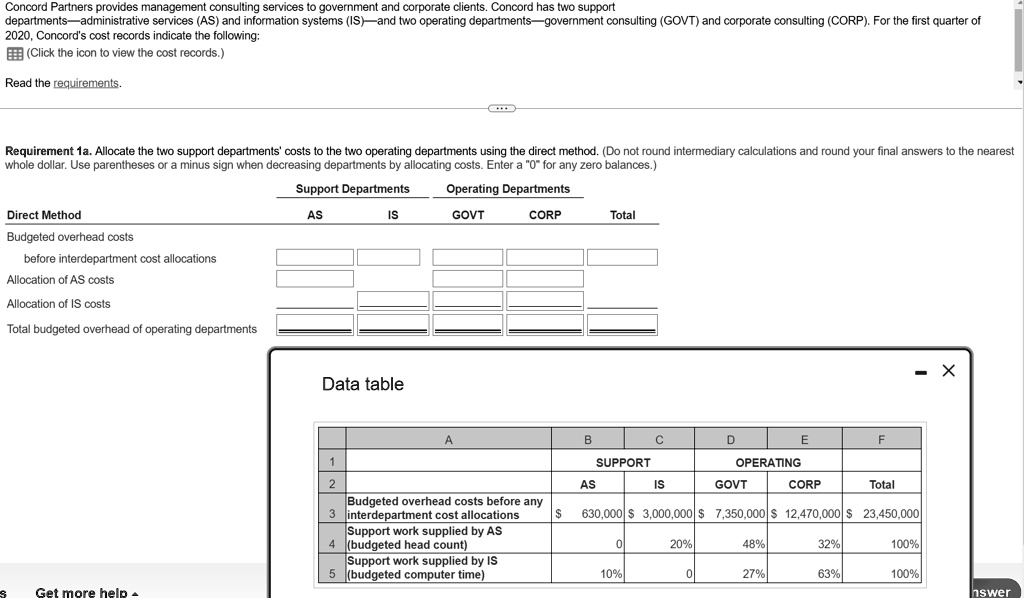 Texts: Allocate the two support departments' costs to the two operating ...