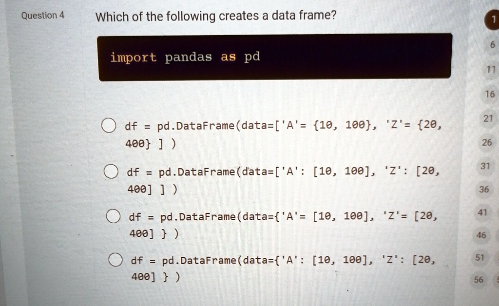 question 4 which of the following creates a data frame import pandas as pd df pddataframedataa10 100 z20 400 df pddataframedataa 10 100 z 20 400 df pddataframedataa 10 100 z 20 400 df pddata 06344