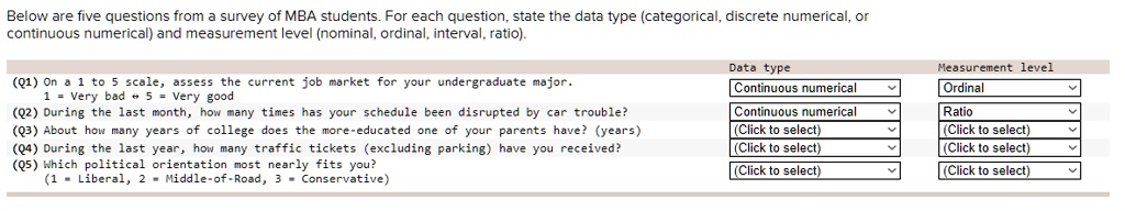 Below are five questions from a survey of MBA students. For each question, state the data type (categorical, discrete numerical, or continuous numerical) and measurement level (nominal, ordinal, interval, ratio).

Data type
Measurement level
(Q1) On a 1 to 5 scale, assess the current job market for your undergraduate major. Continuous numerical Ordinal
1 = Very bad ? 5 = Very good
(Q2) During the last month, how many times has your schedule been disrupted by car trouble? Continuous numerical Ratio
(Q3) About how many years of college does the more-educated one of your parents have? (years) (Click to select) (Click to select)
(Q4) During the last year, how many traffic tickets (excluding parking) have you received? (Click to select) (Click to select)
(Q5) Which political orientation most nearly fits you? (Click to select) (Click to select)
(1 = Liberal, 2 = Middle-of-Road, 3 = Conservative)