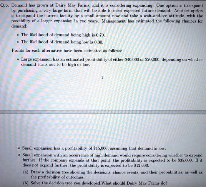 Q.5. Demand has grown at Dairy May Farms, and it is considering expanding. One option is to expand by purchasing a very large farm that will be able to meet expected future demand. Another option is to expand the current facility by a small amount now and take a wait-and-see attitude, with the possibility of a larger expansion in two years. Management has estimated the following chances for demand:
• The likelihood of demand being high is 0.70.
• The likelihood of demand being low is 0.30.
Profits for each alternative have been estimated as follows:
• Large expansion has an estimated profitability of either 40,000 or20,000, depending on whether demand turns out to be high or low.
• Small expansion has a profitability of 15,000, assuming that demand is low.
• Small expansion with an occurrence of high demand would require considering whether to expand further. If the company expands at that point, the profitability is expected to be35,000. If it does not expand further, the profitability is expected to be 12,000.
(a) Draw a decision tree showing the decisions, chance events, and their probabilities, as well as the profitability of outcomes.
(b) Solve the decision tree you developed. What should Dairy May Farms do?
