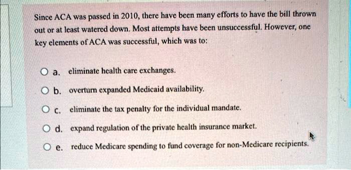Since ACA was passed in 2010, there have been many efforts to have the bill thrown
out or at least watered down. Most attempts have been unsuccessful. However, one
key elements of ACA was successful, which was to:
a. eliminate health care exchanges.
b. overturn expanded Medicaid availability.
c. eliminate the tax penalty for the individual mandate.
d. expand regulation of the private health insurance market.
e. reduce Medicare spending to fund coverage for non-Medicare recipients.