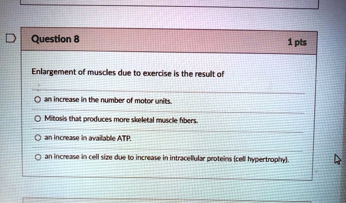 Enlargement of muscles due to exercise is the result of
an increase in the number of motor units.
Mitosis that produces more skeletal muscle fibers.
an increase in available ATP.
an increase in cell size due to increase in intracellular proteins (cell hypertrophy).