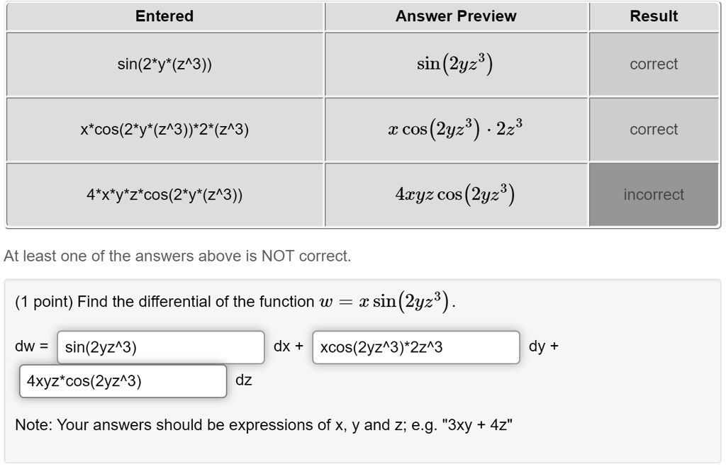 Solved Entered Answer Preview Result Sin 2 Y 2 3 Sin 2yz8 Correct X Cos 2 Y 2 3 2 243 X Cos 2yz8 223 Correct 4 X Y Z Cos 2 Y 2 3 Axyz Cos 2yz8 Incorrect At Least One Of The Answers Above Is Not Correct Point Find