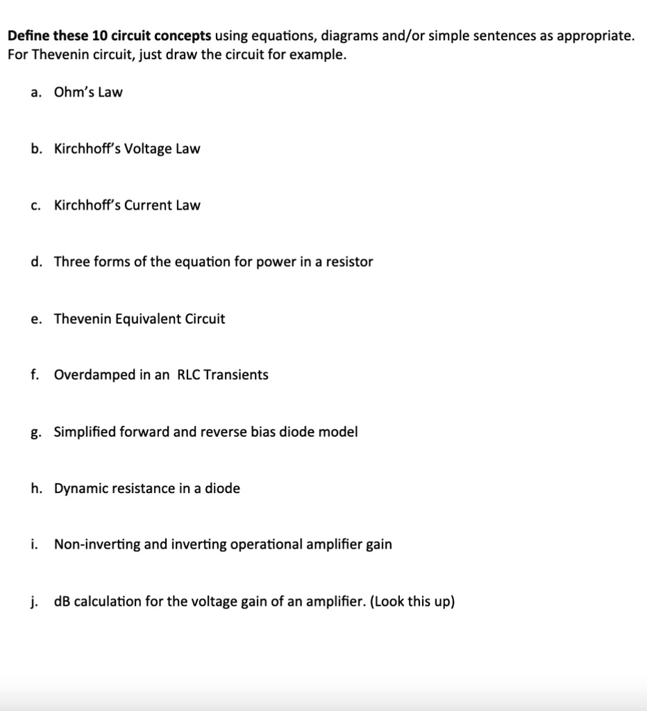 SOLVED Define these 10 circuit concepts using equations, diagrams and