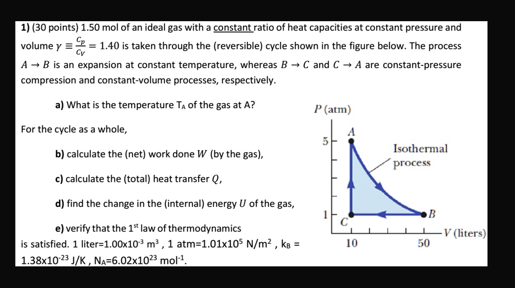 SOLVED: 1.50 mol of an ideal gas with a constant ratio of heat ...