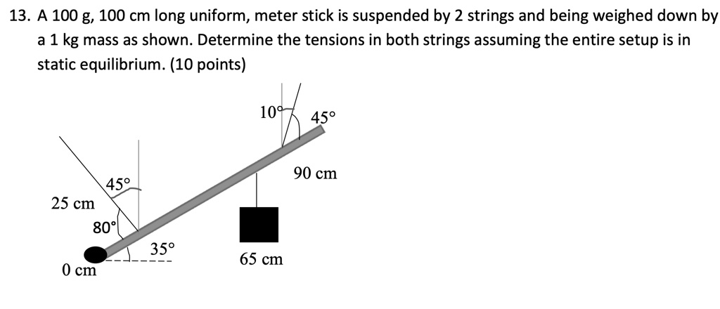 SOLVED:13 A 100 g, 100 cm long uniform, meter stick is suspended by 2 ...
