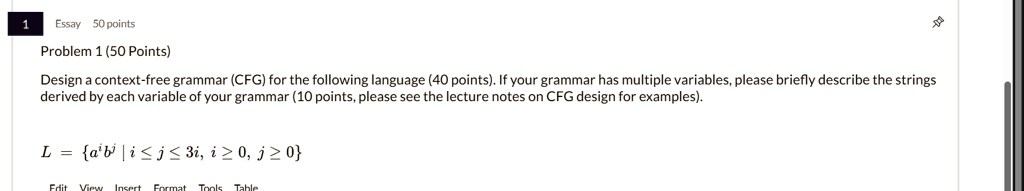 1 essay 50 points problem 1 50 points design a context free grammar cfg for the following language 40 points if your grammar has multiple variables please briefly describe the strings derive 09642
