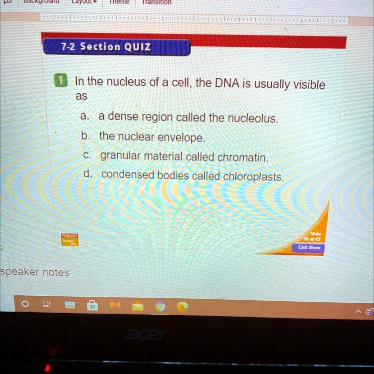 7-2 Section QUIZ
1 In the nucleus of a cell, the DNA is usually visible
as
a. a dense region called the nucleolus.
b. the nuclear envelope.
c. granular material called chromatin.
d. condensed bodies called chloroplasts.
