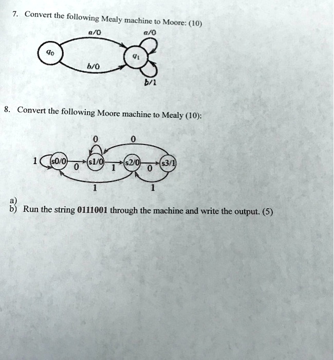 7. Convert the following Mealy machine to Moore: (10)
8. Convert the following Moore machine to Mealy (10):
a)
b) Run the string 0111001 through the machine and write the output. (5)