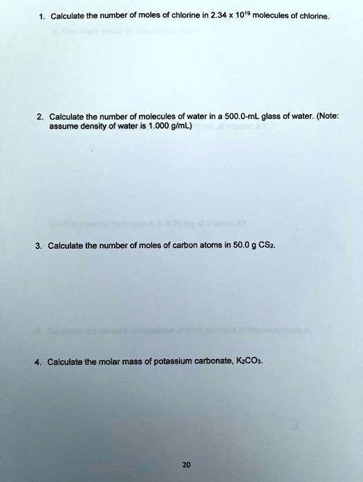 SOLVED Calculate the number of moles of chlorine in 2.34 x 10^19 molecules of chlorine